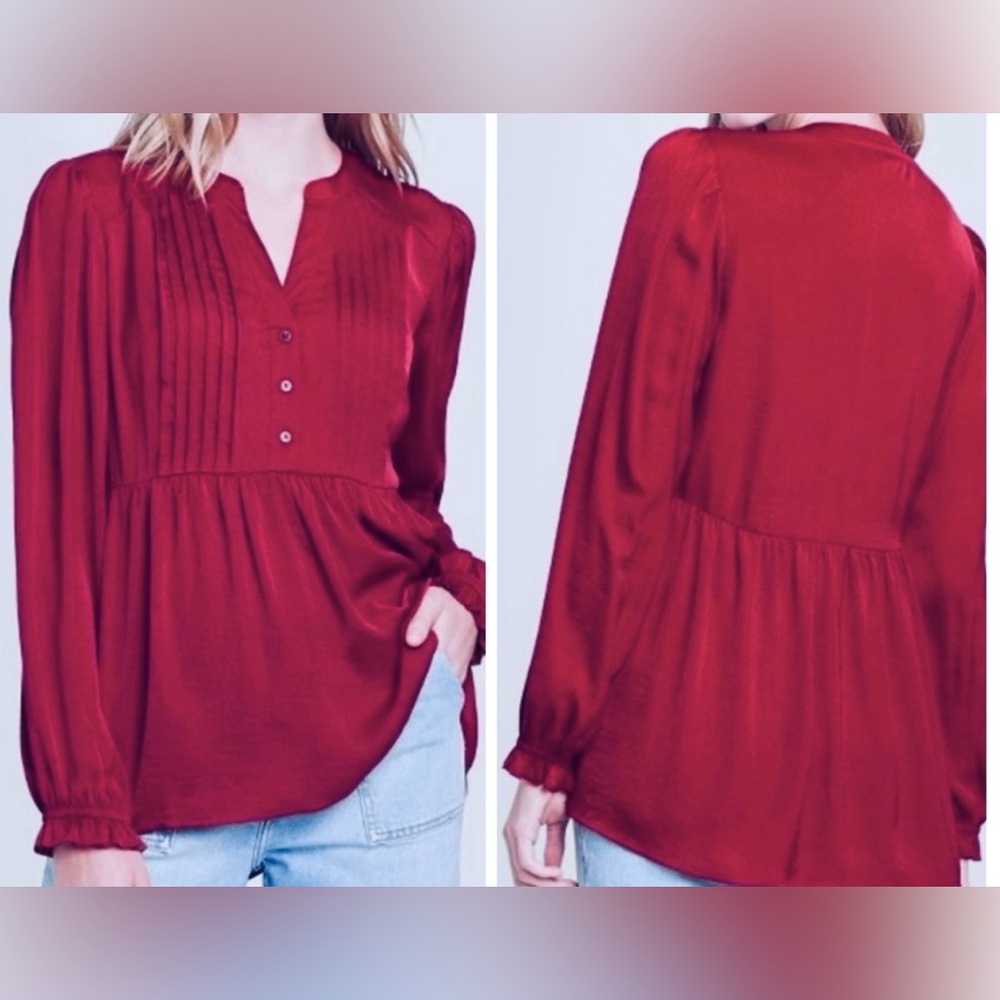 Knox Rose Crimson Satiny Empire Waisted Long Sleeved Blouse